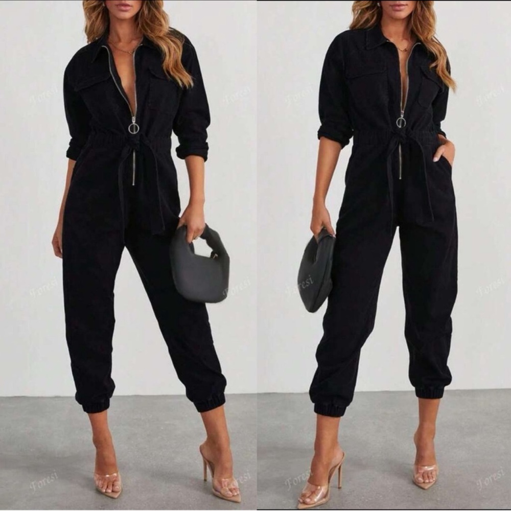 Solid Black Zip Up Belted Jogger Leg Cargo Jumpsuit S M L XL